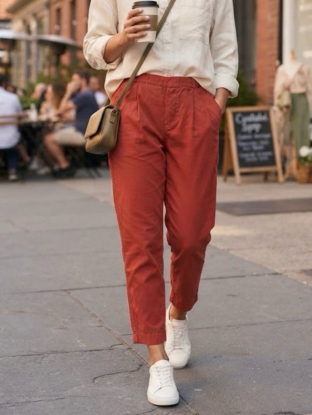 ZARA WOMAN Lyocell Trousers Rust Red Terracotta Elastic Waist Pants Relaxed Fit